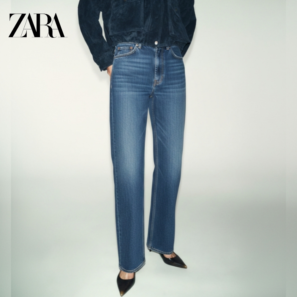 🟣 Zara High-Waist Straight Leg Long Length Denim Jeans, Sz 0